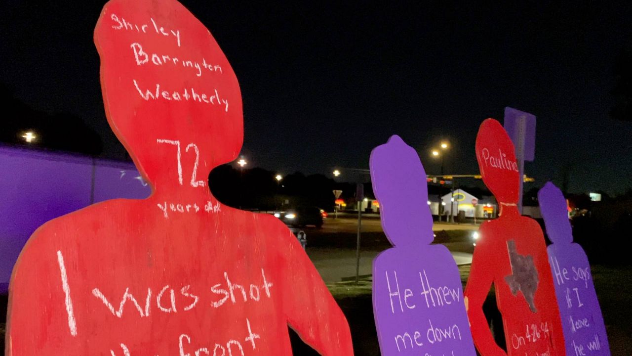 Pictured are victim and survivor silhouettes made by the Brighter Tomorrow organization in Irving, Texas. The silhouettes represent victims and survivors of domestic violence in Texas. (Spectrum News 1/Lupe Zapata)