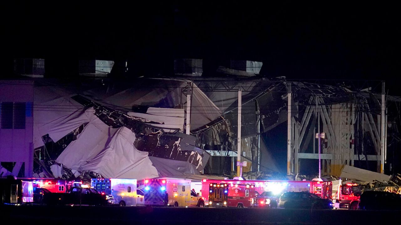 An Amazon distribution center is heavily damaged after a strong thunderstorm moved through the area on Dec. 10, 2021 in Edwardsville, Ill.