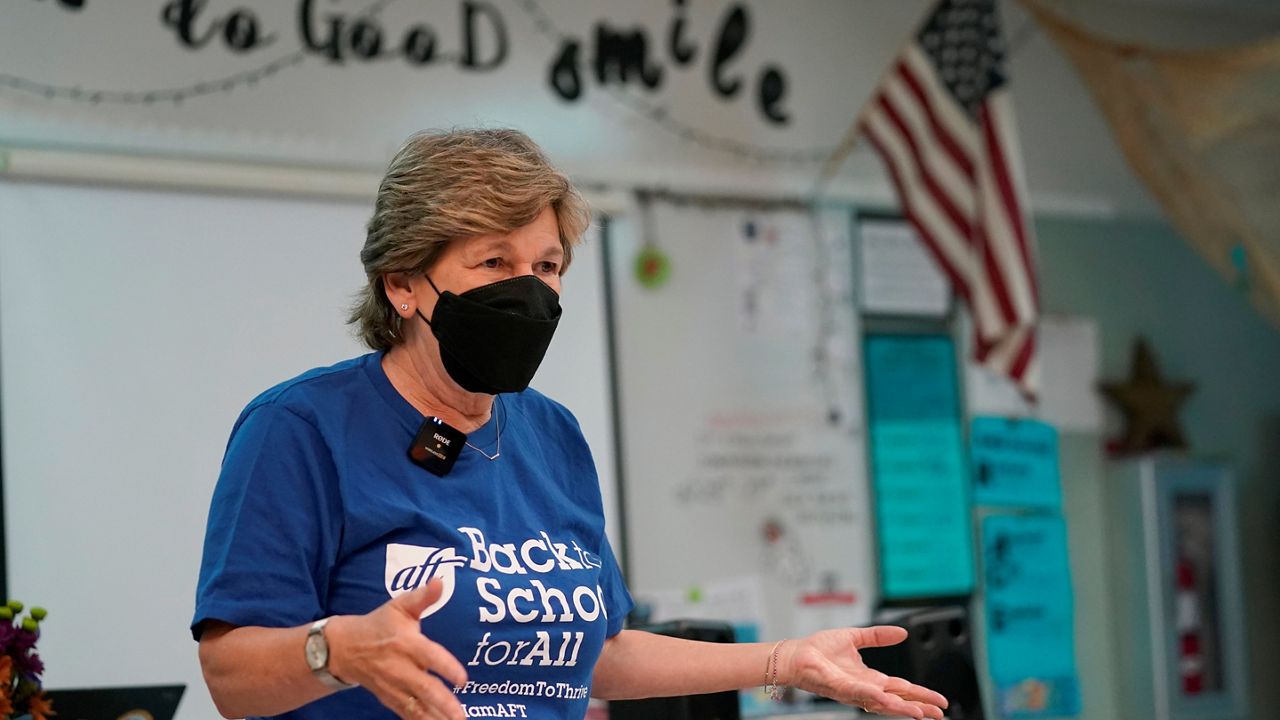 American Federation of Teachers President Randi Weingarten speaks to students at the New River Middle School, on Sept. 2, 2021, in Fort Lauderdale, Fla. School board races, once sleepy and localized, have become the new front in a culture war raging across the nation as resentments over COVID-19 restrictions and anti-racism curriculum reach a boiling point. (AP Photo/Lynne Sladky,)