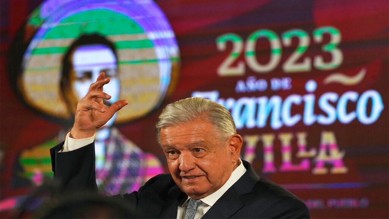 Mexican President Andres Manuel Lopez Obrador gives his regularly scheduled morning press conference, decorated with an image of Francisco "Pancho" Villa, a general in the Mexican Revolution, at the National Palace in Mexico City, Tuesday, Feb. 28, 2023. (AP Photo/Marco Ugarte)