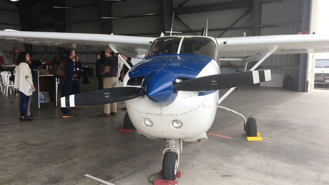 The Ampaire 337 airplane in a hangar.