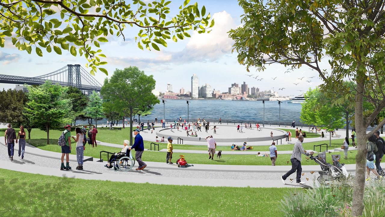 The proposed reconstructed amphitheater, shown in this rendering, does not include a roof. New funding will insure that the new park's amphitheater will have a full covering for its stage. (Courtesy of NYC DDC)