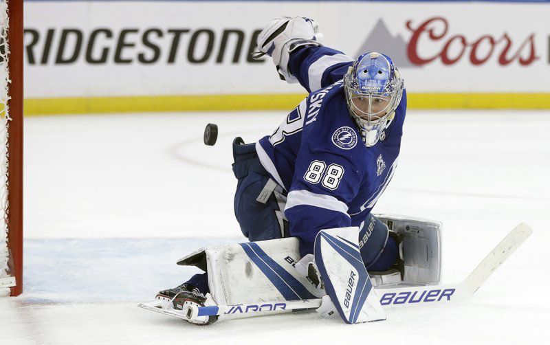 Tampa Bay Lightning goalie Andrei Vasilevskiy makes a save in Saturday's game against the New Jersey Devils.