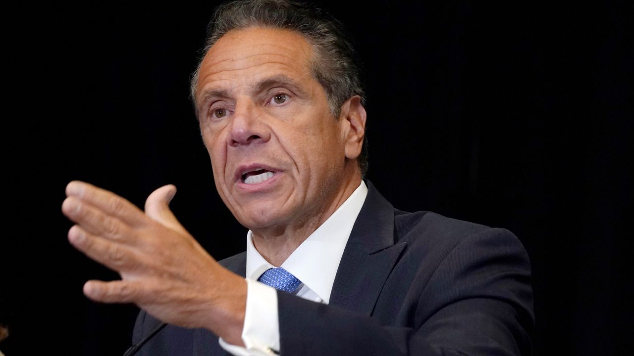 New York Gov. Andrew Cuomo speaks during a news conference at New York's Yankee Stadium on July 26, 2021. Cuomo sued Attorney General Letitia James on Thursday, Aug. 11, 2022, arguing that James violated state law by denying him public assistance for his defense in a sexual harassment claim. (AP Photo/Richard Drew, File)