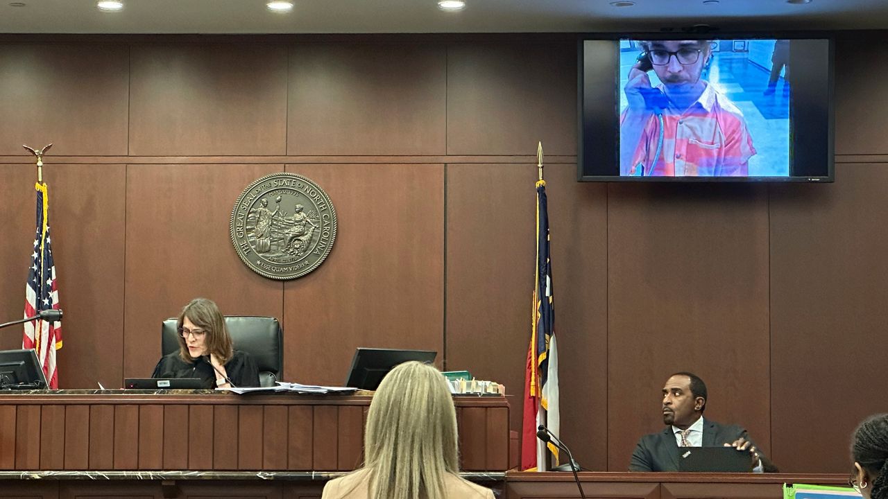 District Judge Debra Sasser addresses Andrew Thomas Graney via a video conference at the Wake County Justice Center in Raleigh, N.C., on Friday, Nov. 8, 2024. (AP Photo/Makiya Seminera)