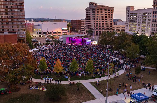 An evening performance takes place at a packed Levitt Pavilion Dayton in downtown Dayton. (Photo courtesy of Andy Snow)