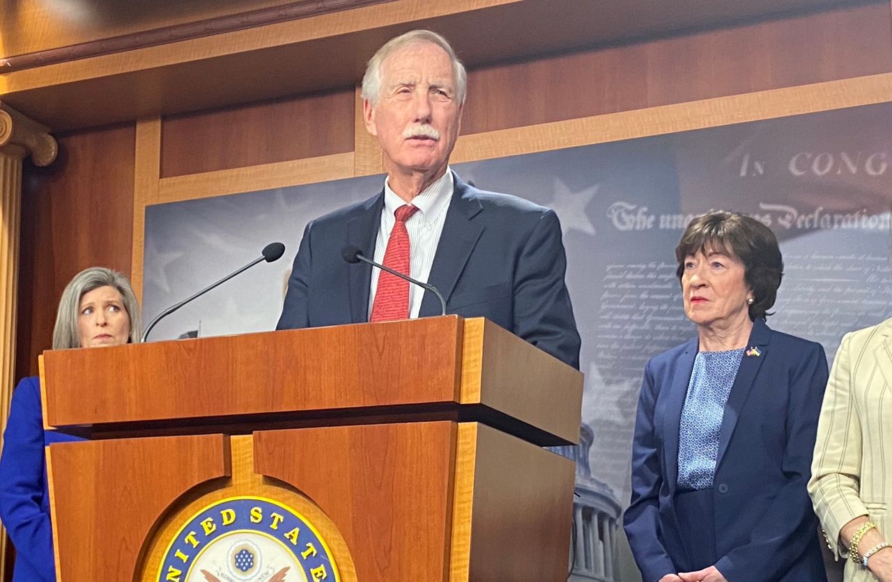 King and Collins, seen here at a bipartisan press conference, worked together to advocate for the additional temporary worker visas to be issued for this summer.  