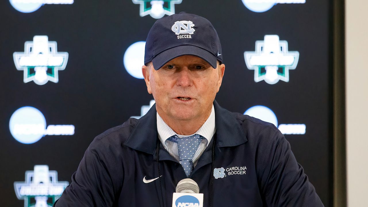 North Carolina coach Anson Dorrance speaks to the media after the team's win over Florida State in an NCAA women's soccer tournament semifinal in Cary, N.C., Dec. 2, 2022. (AP File Photo/Ben McKeown)