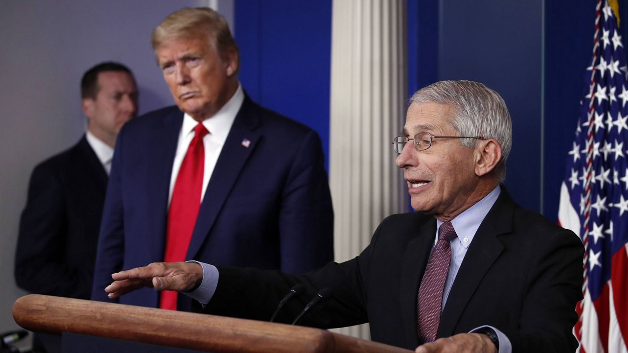 In this April 22, 2020, file photo, President Donald Trump listens as Dr. Anthony Fauci, director of the National Institute of Allergy and Infectious Diseases, speaks about the coronavirus during a White House press briefing. (AP Photo/Alex Brandon, File)