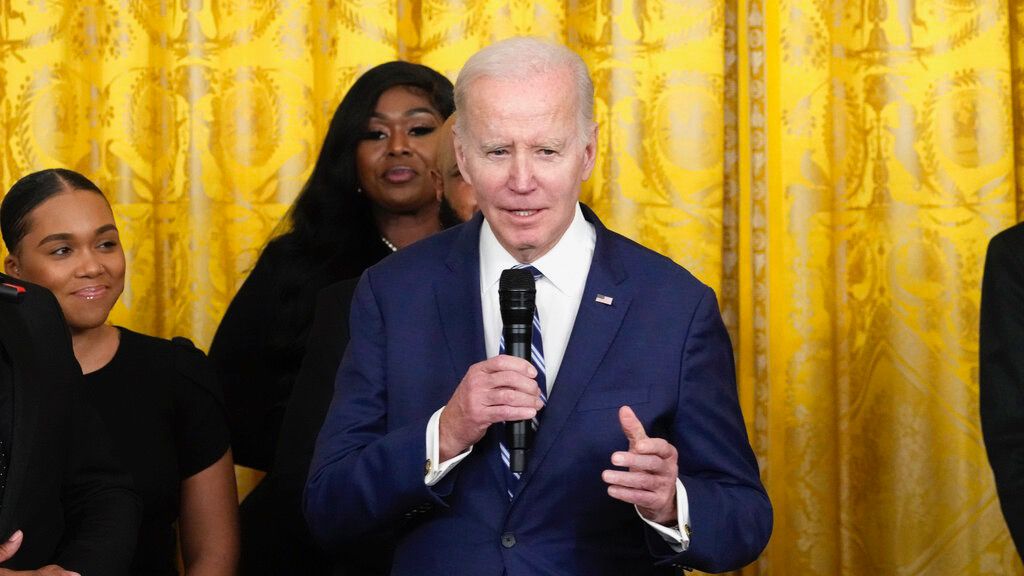 President Joe Biden speaks at an event to celebrate Black History Month, Monday, Feb. 27, 2023, in the East Room of the White House in Washington. (AP Photo/Alex Brandon)