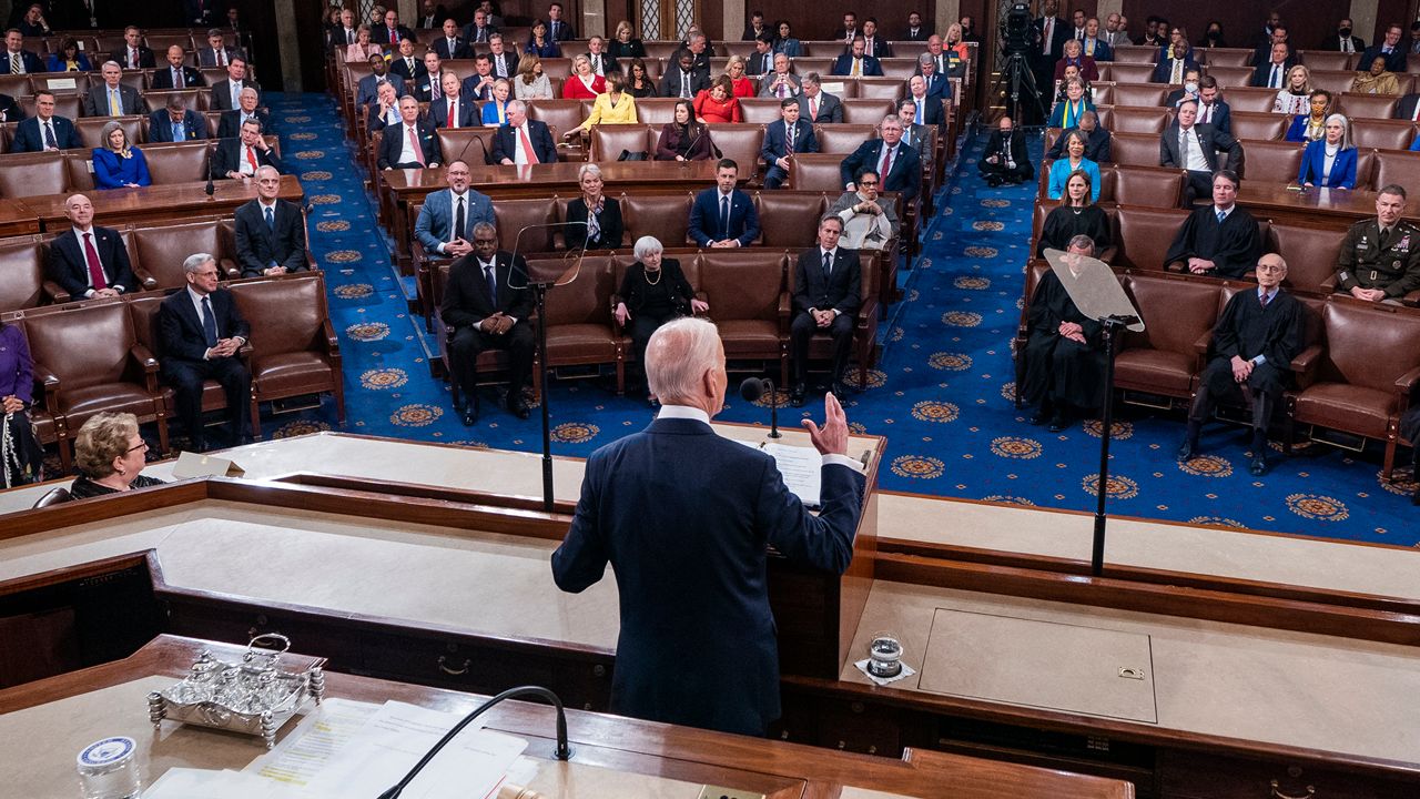 President Joe Biden delivers his first State of the Union address to a joint session of Congress at the Capitol, Tuesday, March 1, 2022, in Washington. (Shawn Thew/Pool via AP)