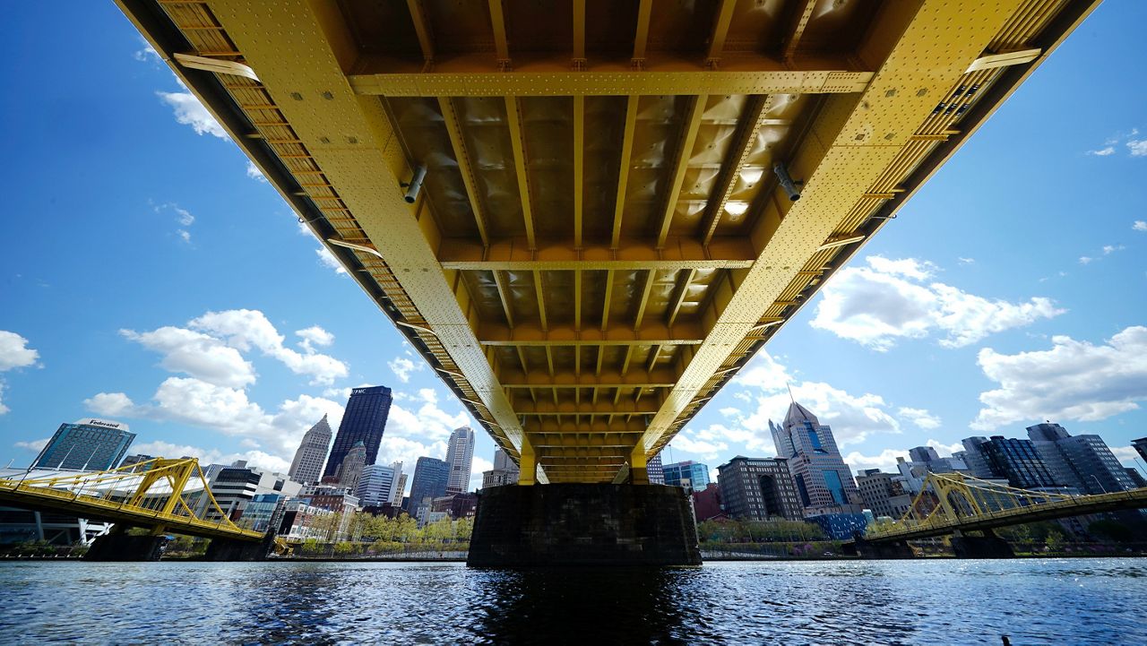 The recently refurbished Andy Warhol bridge spans the Allegheny River into downtown Pittsburgh, April 19, 2021. (AP Photo/Gene J. Puskar, File)