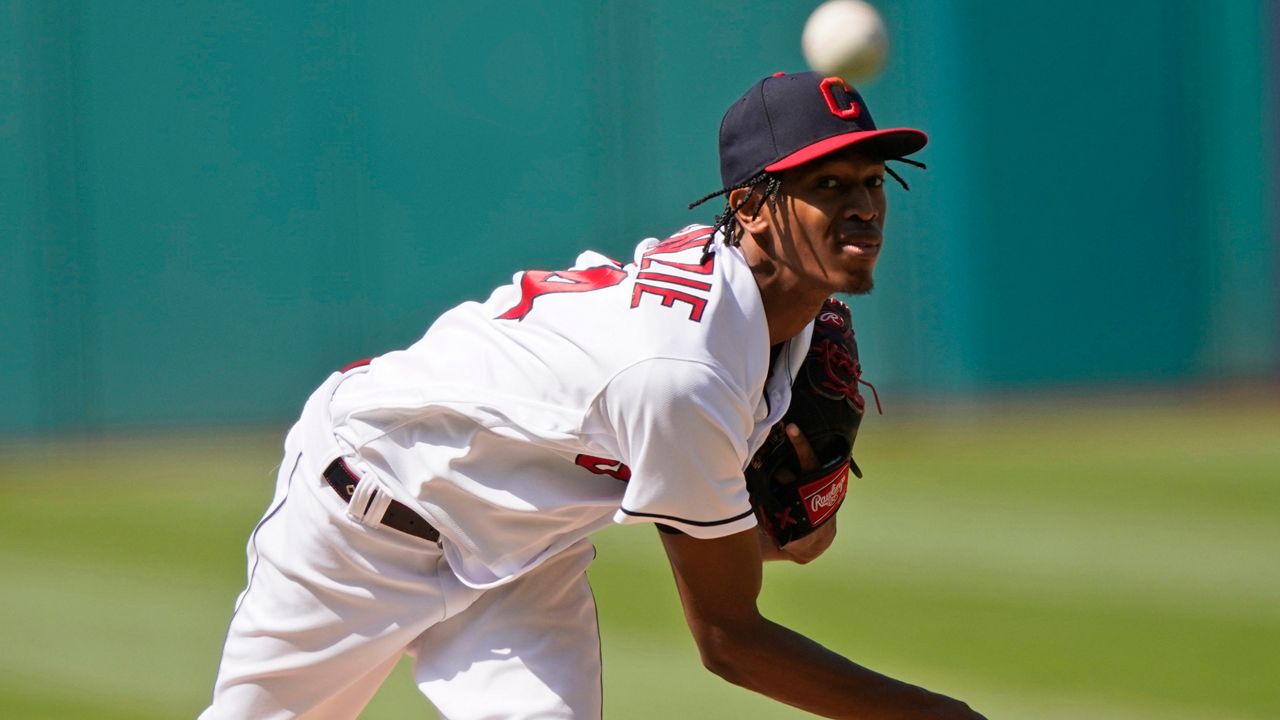 Cleveland Indians starting pitcher Triston McKenzie delivers in the first inning of a baseball game against the Seattle Mariners, Saturday, June 12, 2021, in Cleveland. (AP Photo/Tony Dejak)