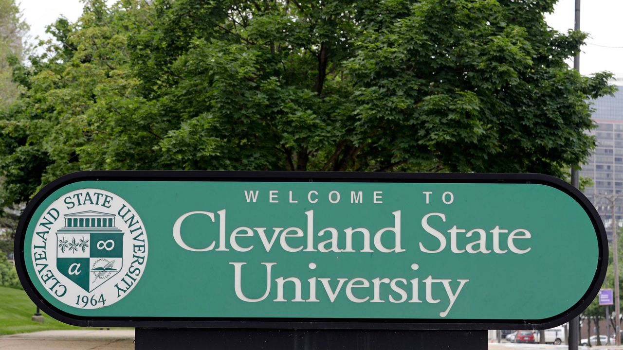 The Cleveland State University welcome sign is shown, Tuesday, May 28, 2019, in Cleveland. (AP Photo/Tony Dejak)