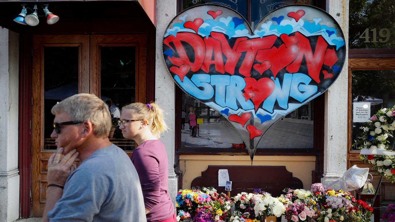 A "Dayton Strong" sign in the Oregon District in Dayton, Ohio, following a mass shooting (Associated Press)