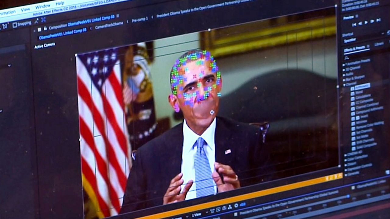 This image made from video of a fake video featuring former President Barack Obama shows elements of facial mapping used in new technology that lets anyone make videos of real people appearing to say things they've never said. There is rising concern that U.S. adversaries will use new technology to make authentic-looking videos to influence political campaigns or jeopardize national security. (AP Photo)