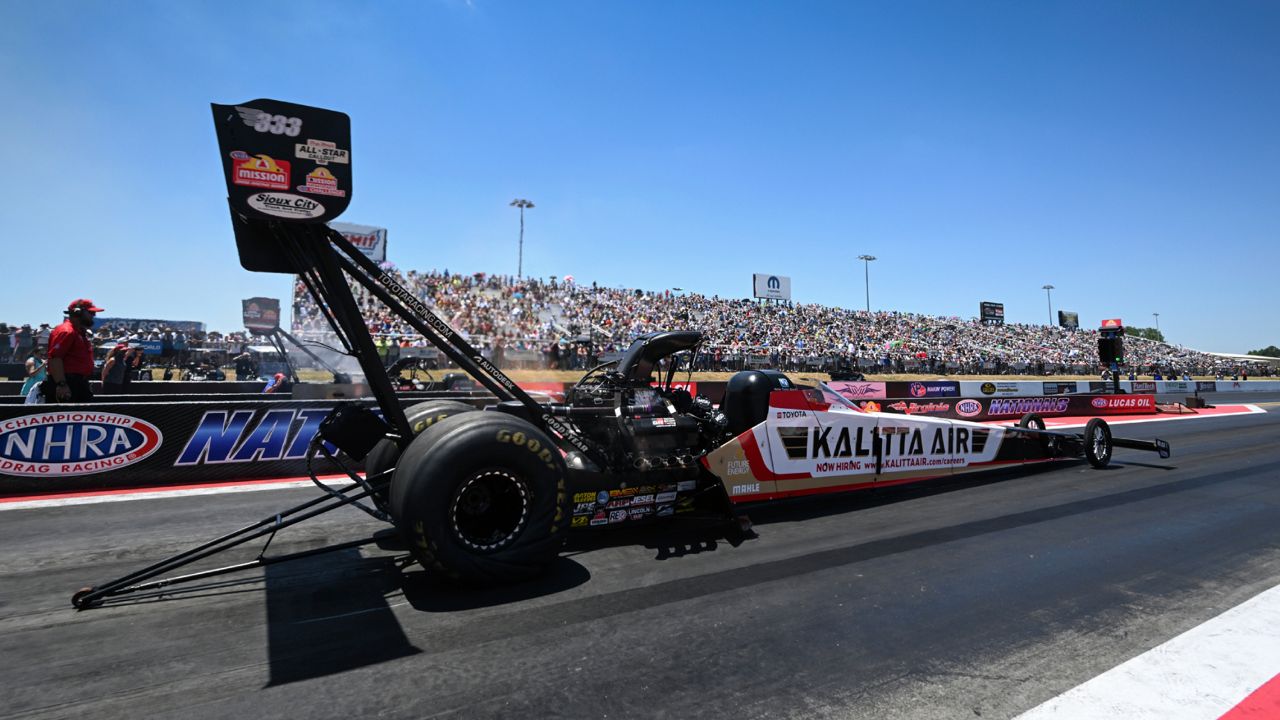 In this photo provided by the NHRA, Shawn Langdon drives in Top Fuel qualifying Saturday, June 22, 2024, at the PlayNHRA Virginia Nationals drag races at Virginia Motorsports Park in Dinwiddie, Va.