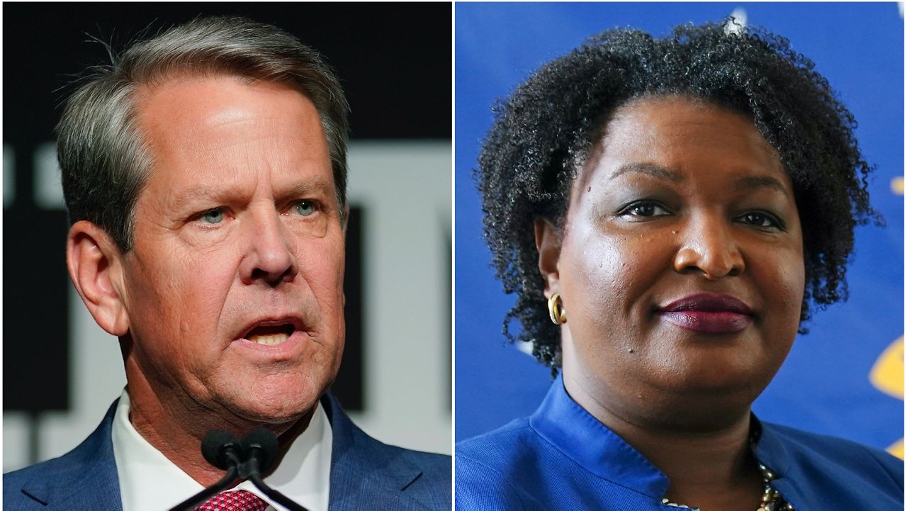 This combination of photos shows Georgia Gov. Brian Kemp, left, on May 24, 2022, in Atlanta, and gubernatorial Democratic candidate Stacey Abrams on Aug. 8, 2022, in Decatur, Ga. (AP Photo/John Bazemore, File)