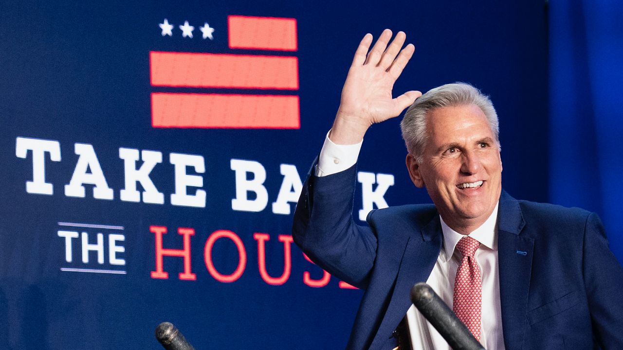 House Minority Leader Kevin McCarthy of Calif., arrives to speak at an event early Wednesday morning, Nov. 9, 2022, in Washington. (AP Photo/Alex Brandon)