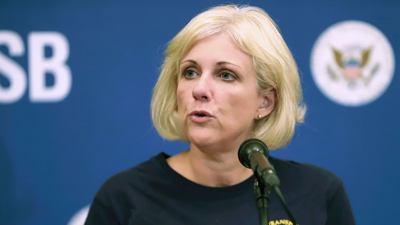 Jennifer Homendy of the National Transportation Safety Board speaks during a news conference, Oct. 3, 2019, in Windsor Locks, Conn. On Wednesday, Jan. 11, 2023, Homendy, the chairwoman of the National Transportation Safety Board, said she is concerned about the risk that heavy electric vehicles pose if they collide with lighter vehicles. (AP Photo/Chris Ehrmann, File