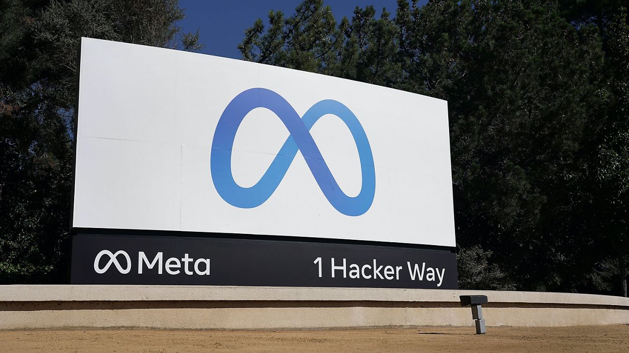 Facebook's Meta logo sign is seen at the company headquarters in Menlo Park, Calif., on, Oct. 28, 2021. (AP Photo/Tony Avelar, File)