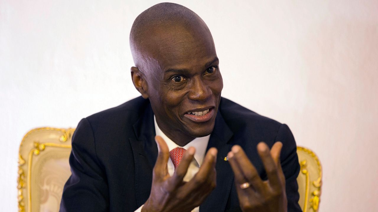 FILE - In this Aug. 28, 2019, file photo, Haiti's President Jovenel Moise speaks during an interview in his office in Port-au-Prince, Haiti. Moïse was assassinated after a group of unidentified people attacked his private residence, the country’s interim prime minister said in a statement Wednesday, July 7, 2021. Moïse's wife, First Lady Martine Moïse, is hospitalized, interim Premier Claude Joseph said. (AP Photo/Dieu Nalio Chery, File)