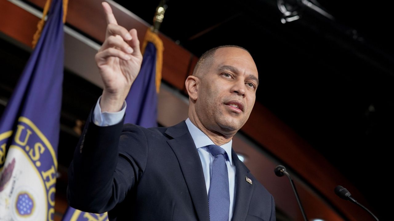 House Minority Leader Hakeem Jeffries, D-N.Y., speaks during his weekly news conference on Capitol Hill, Wednesday, Feb. 7, 2024, in Washington. (AP Photo/Mariam Zuhaib)
