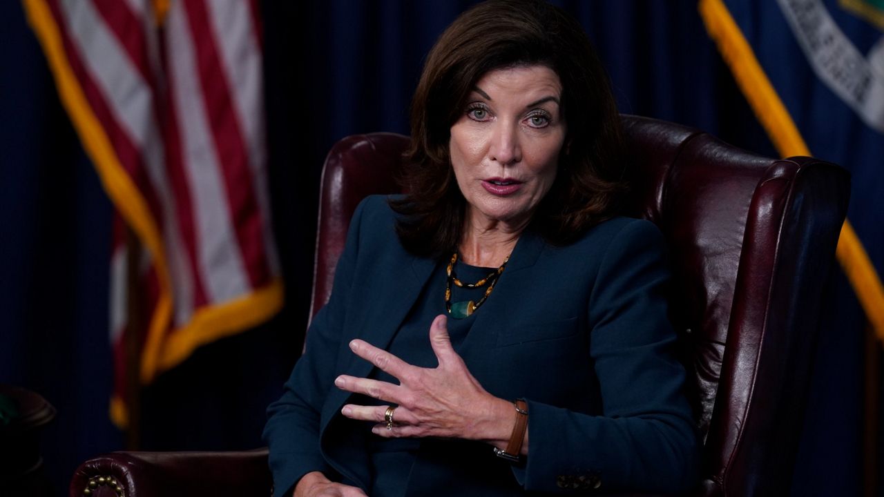 New York Gov. Kathy Hochul talks to reporters in New York on Monday, Sept. 20, 2021.