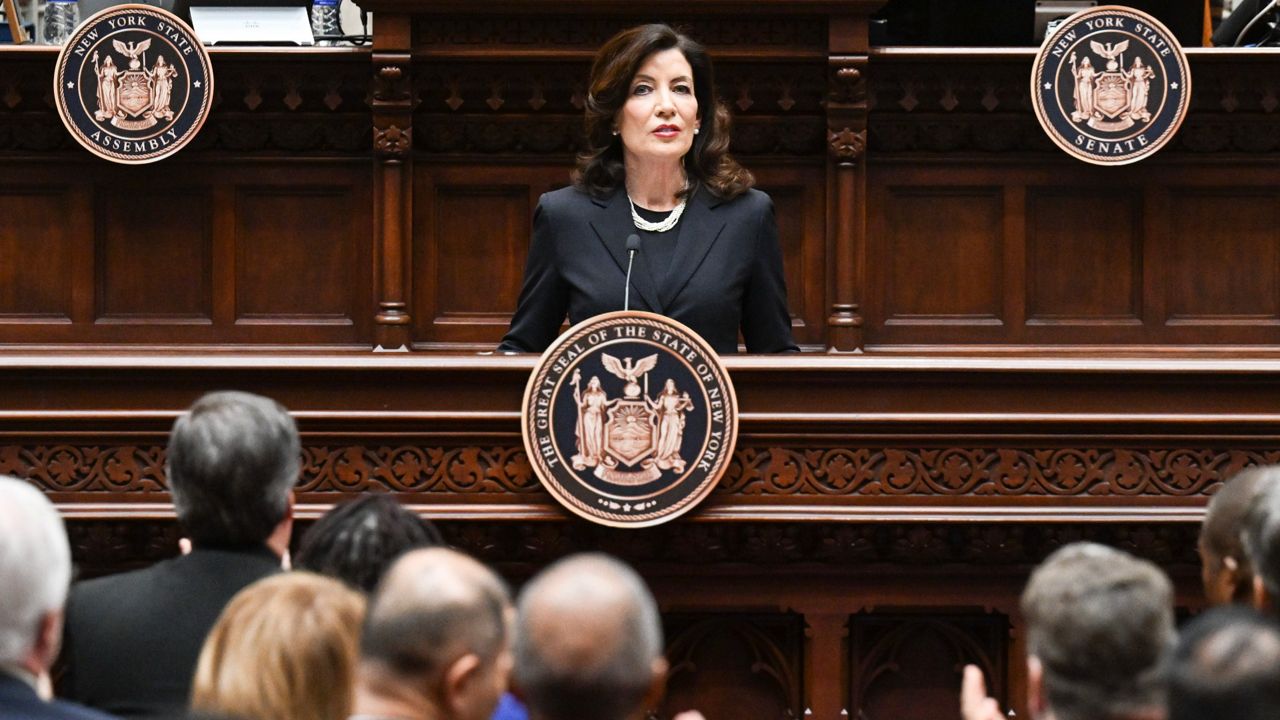 New York Gov. Kathy Hochul delivers her State of the State address in the Assembly Chamber at the state Capitol, Tuesday, Jan. 10, 2023, in Albany, N.Y. (AP Photo/Hans Pennink)