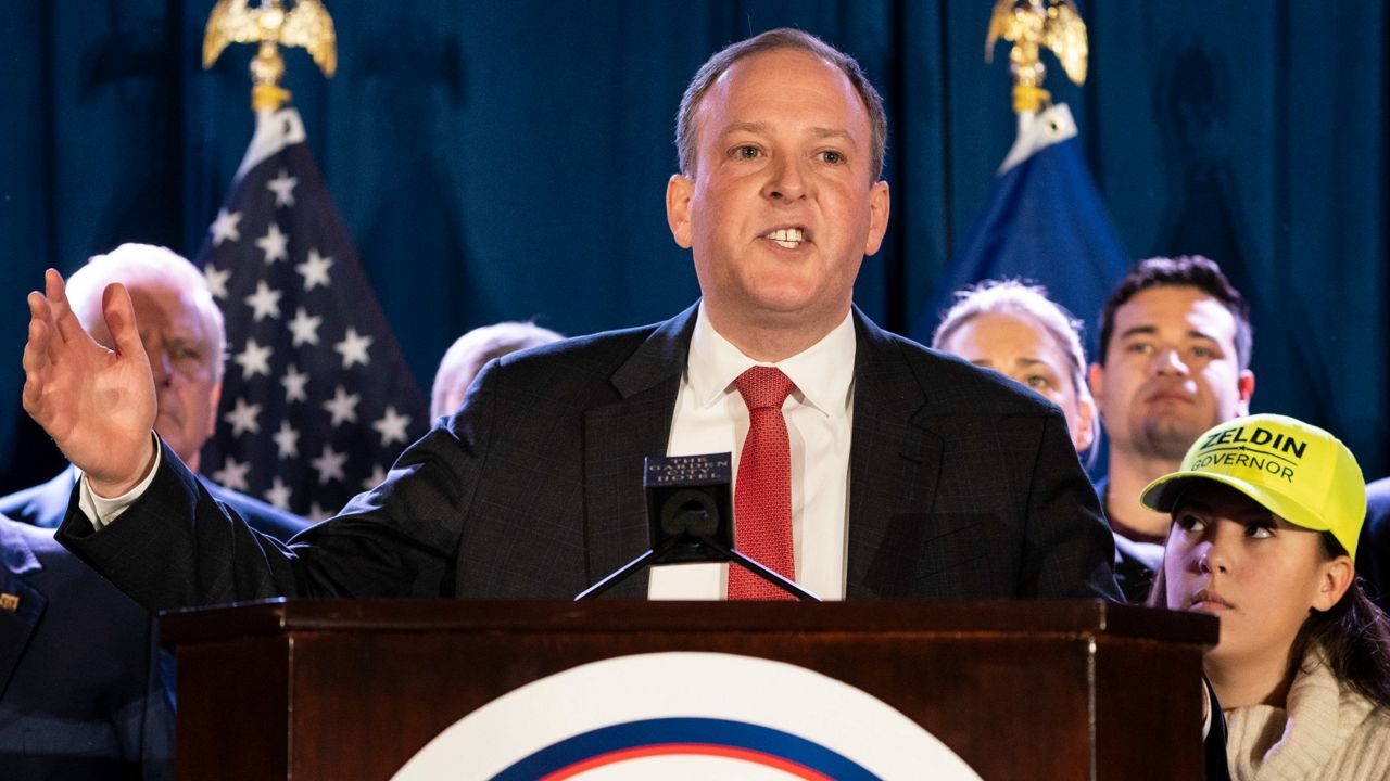 U.S. Rep. Lee Zeldin speaks to delegates and assembled party officials at the 2022 NYGOP Convention on March 1, 2022, in Garden City, N.Y. (AP Photo/John Minchillo, File)