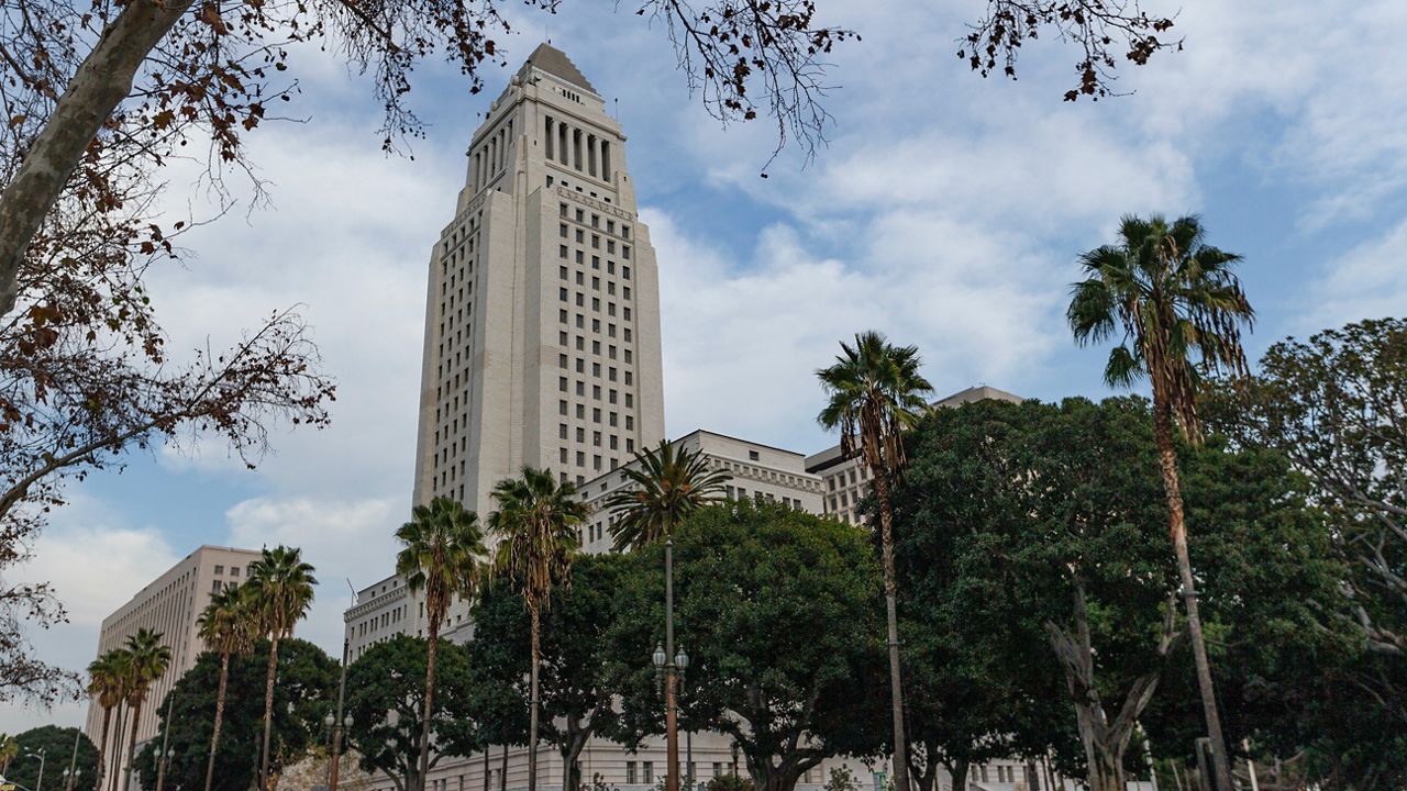 The Los Angeles City Hall building is seen in downtown Los Angeles, Jan. 8, 2020. (AP Photo/Damian Dovarganes))