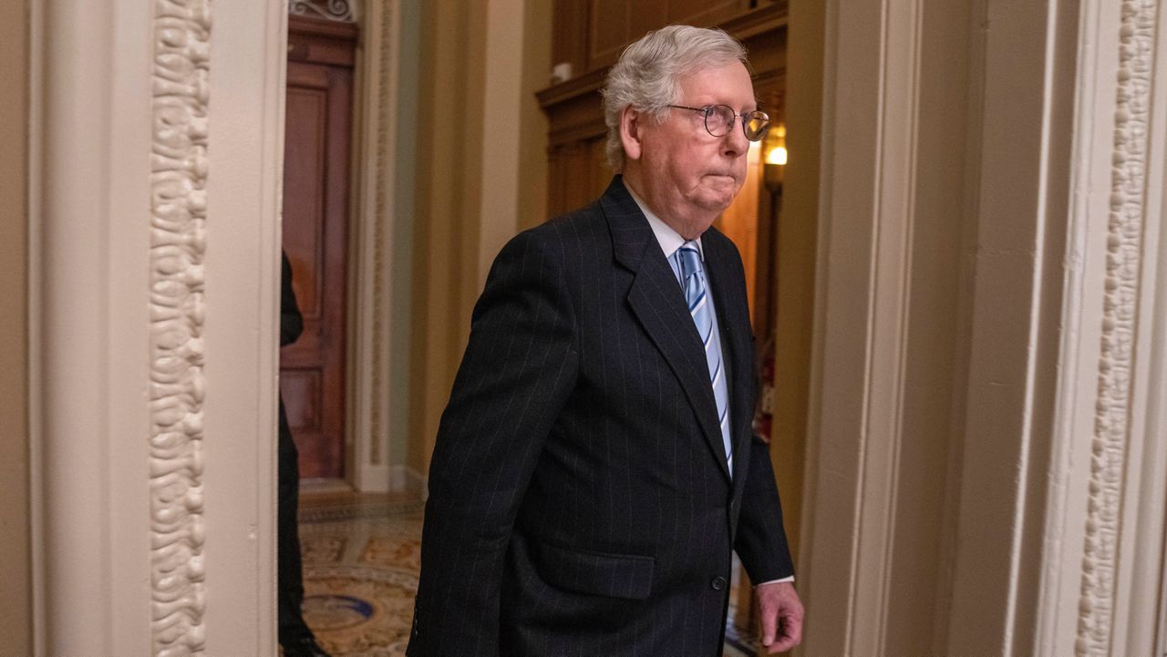 Senate Minority Leader Mitch McConnell, of Ky., arrives for a news conference with members of the Senate Republican leadership, Tuesday, Dec. 6, 2022, on Capitol Hill in Washington. (AP Photo/Jacquelyn Martin)