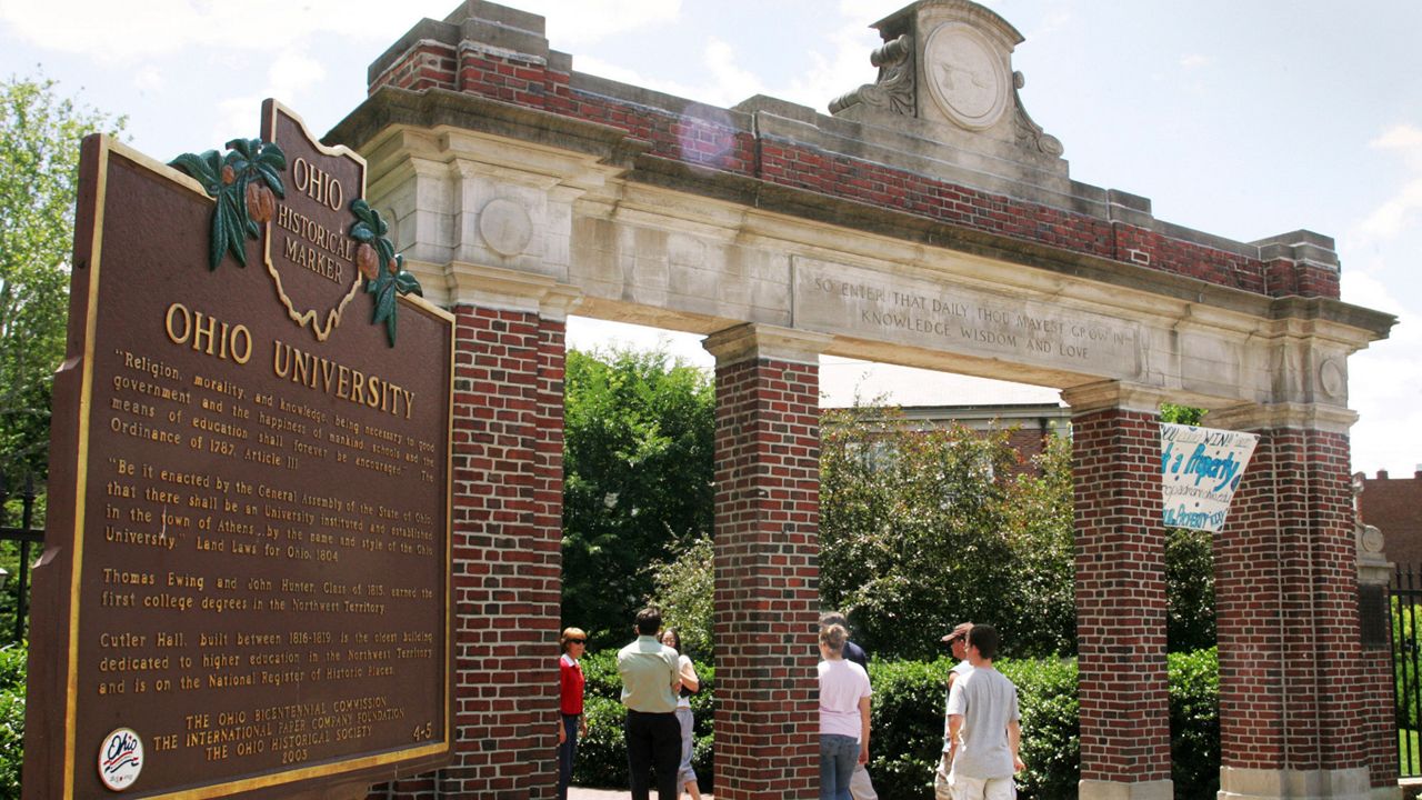 This June 12, 2006 file photo shows a gate with a historic marker on the Ohio University campus in Athens, Ohio. (AP Photo/Joe Maiorana)