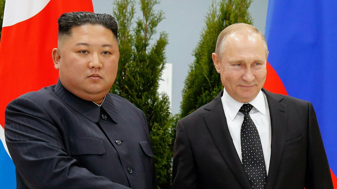Russian President Vladimir Putin, right, and North Korea's leader Kim Jong Un shake hands during their meeting in Vladivostok, Russia, April 25, 2019. North Korea says it has not exported any weapons to Russia during the war in Ukraine and has no plans to do so, and said U.S. intelligence reports of weapons transfers were an attempt to tarnish North Korea's image. (AP Photo/Alexander Zemlianichenko, Pool, File)