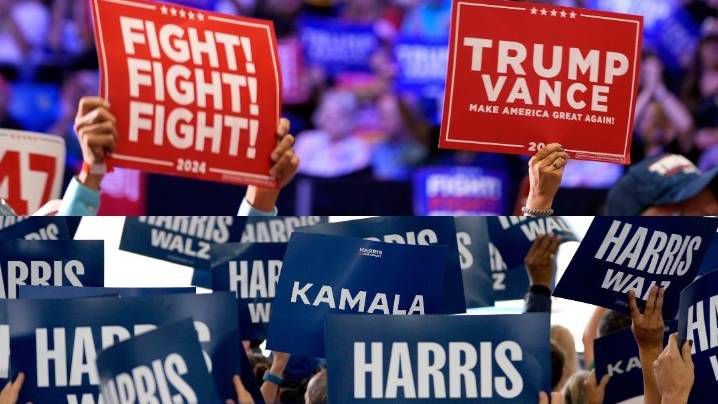 Supports hold signs support Trump and Harris campaigns (AP)