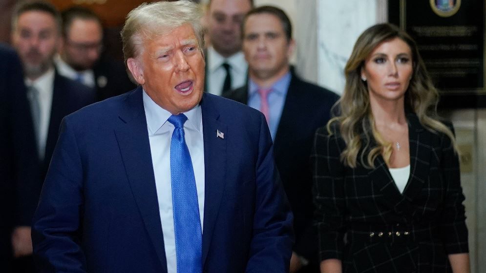 Former President Donald Trump speaks outside the courtroom after testifying at New York Supreme Court, Monday, Nov. 6, 2023, in New York. (AP Photo/Eduardo Munoz Alvarez)