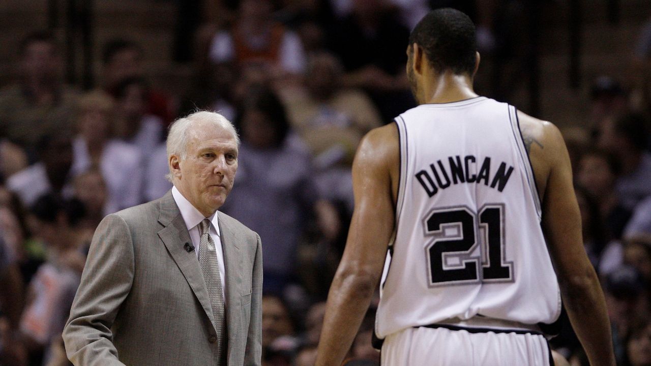 San Antonio Spurs coach Gregg Popovich, left, and Tim Duncan during the first quarter of Game 4 of a Western Conference semifinals NBA basketball game, Sunday, May 9, 2010 in San Antonio. (AP Photo/Eric Gay)