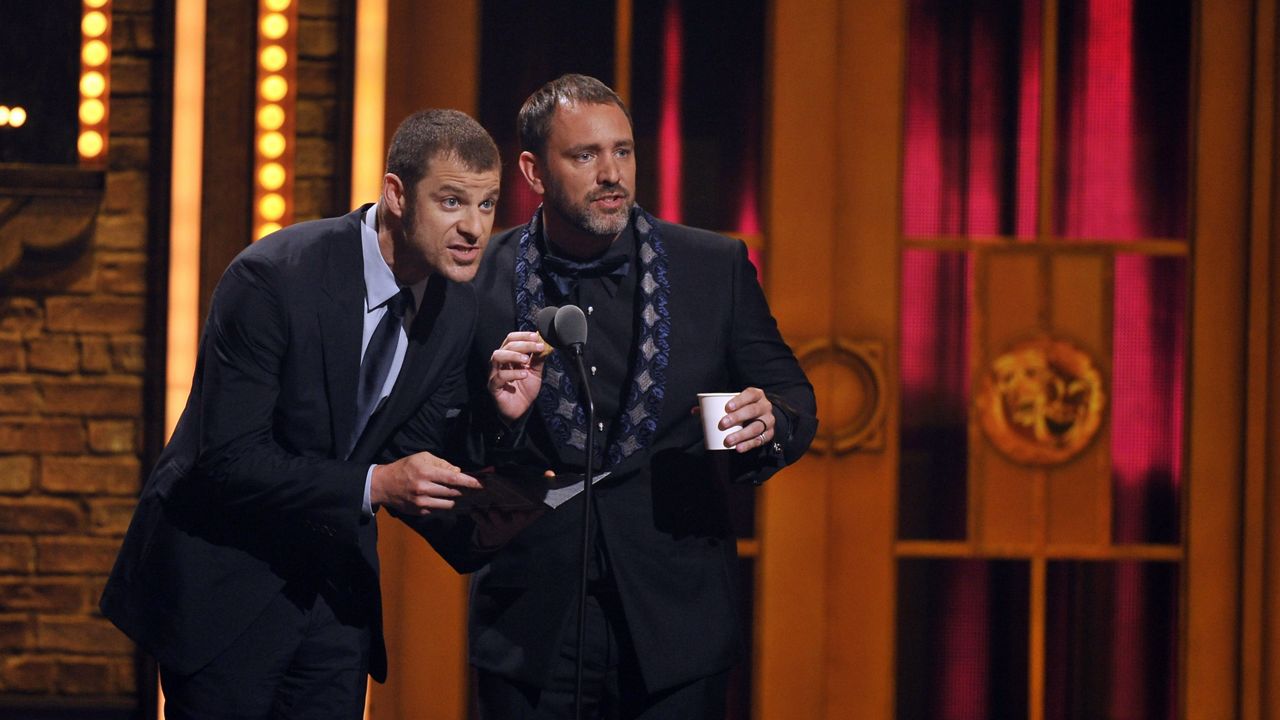 Matt Stone, left, and Trey Parker appear at the 66th Annual Tony Awards on Sunday June 10, 2012, in New York. (Photo by Charles Sykes /Invision/AP)