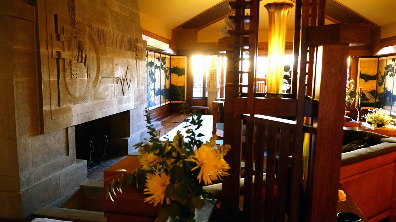 This Feb. 13, 2015 photo shows an interior view of Hollyhock House at its reopening ceremony in the Hollywood district of Los Angeles. (AP Photo/Richard Vogel)