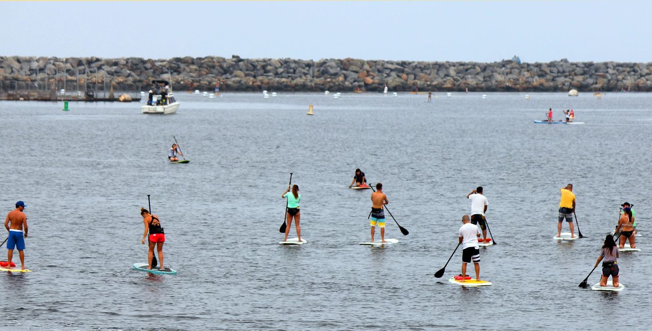Stand-up paddleboarders ride the waters outside Redondo Beach's Seaside Lagoon. (AP Photo/John Antczak)