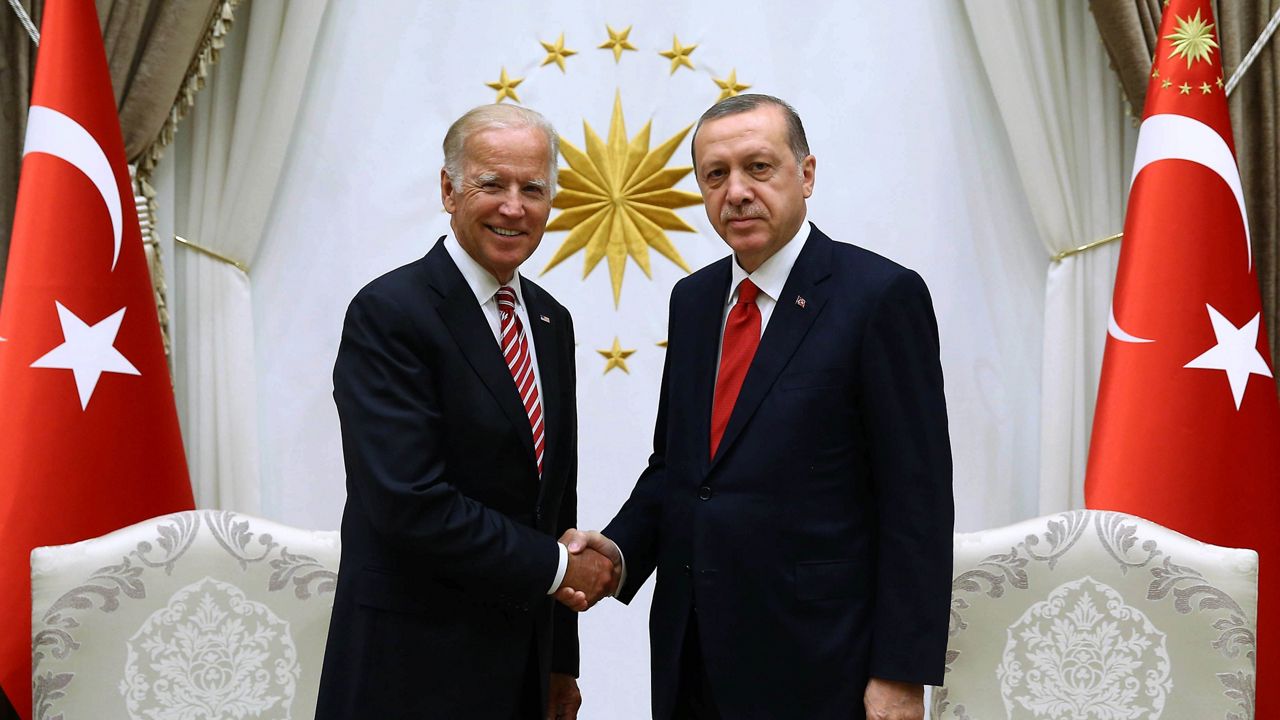 File Photo: Then-Vice President Joe Biden, left, and Turkish President Recep Tayyip Erdogan shake hands before a meeting in Ankara, Turkey, Wednesday, Aug. 24, 2016. (Kayhan Ozer, Presidential Press Service Pool via AP)