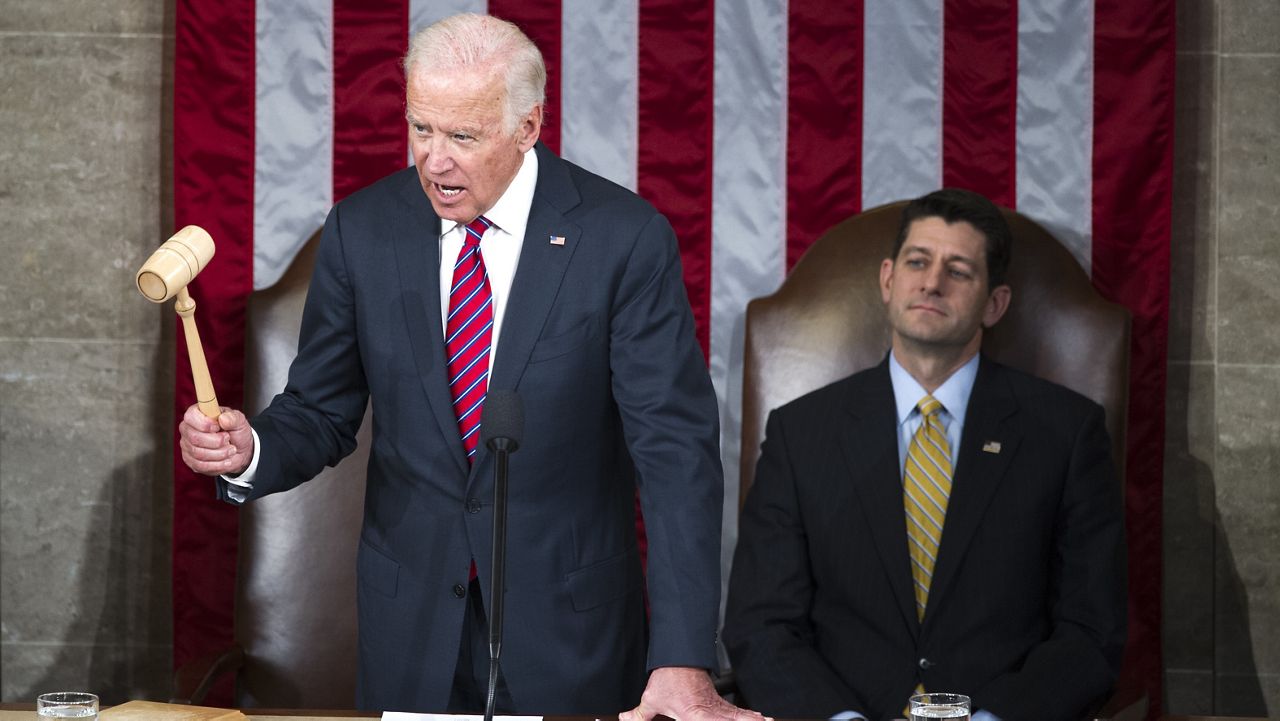 FILE PHOTO: Then-Vice President Joe Biden, with THEN-House Speaker Paul Ryan of Wis., right, during a joint session of Congress, on Capitol Hill in Washington, Friday, Jan. 6, 2017. (AP Photo/Cliff Owen)