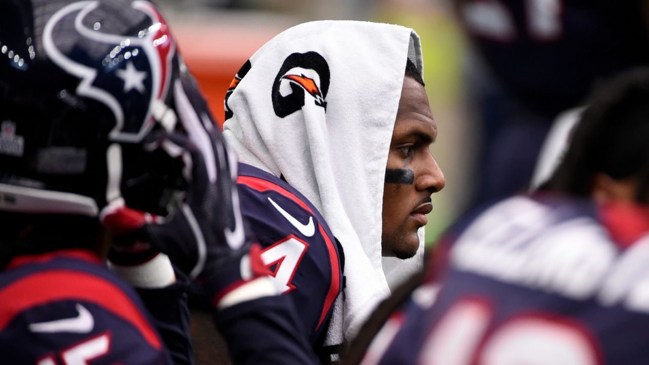 Houston Texans' Deshaun Watson (4) sits on the bench during an NFL football game against the Cleveland Browns on Sunday, Oct. 15, 2017, in Houston. (AP Photo/Eric Christian Smith)