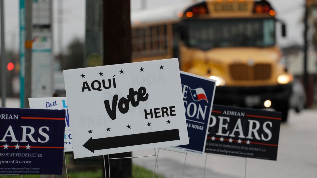Signs mark a polling site as early voting begins, Tuesday, Feb. 20, 2018, in San Antonio. (AP Photo/Eric Gay)