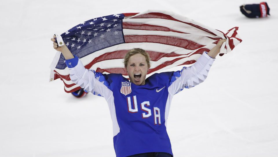 Jocelyne Lamoureux-Davidson (17), of the United States, celebrates after winning against Canada in the women's gold medal hockey game at the 2018 Winter Olympics in Gangneung, South Korea, Thursday, Feb. 22, 2018. (AP Photo/Matt Slocum)