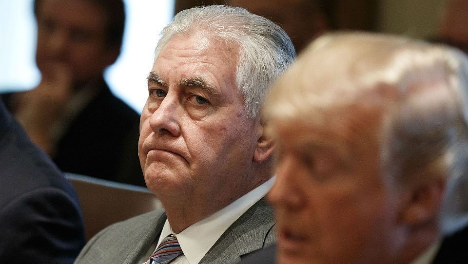 FILE - In this Jan. 10, 2018 file photo, Secretary of State Rex Tillerson listens as President Donald Trump speaks during a cabinet meeting at the White House in Washington. Tillerson is out as secretary of state. President Trump tweeted this morning that he’s naming CIA director Mike Pompeo to replace him. (AP Photo/Evan Vucci)