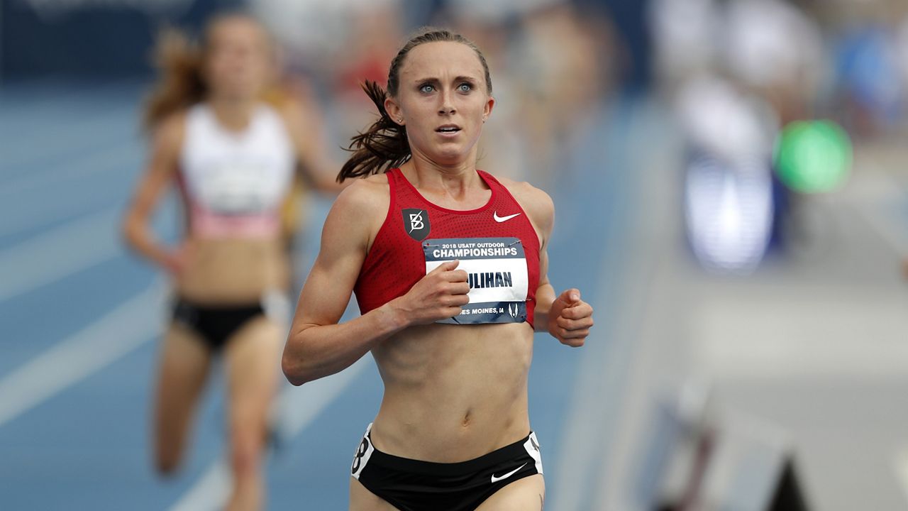 Shelby Houlihan wins the women's 5,000-meter run at the U.S. Championships athletics meet, Sunday, June 24, 2018, in Des Moines, Iowa. (AP Photo/Charlie Neibergall)