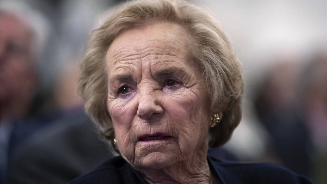In this June 5, 2018, file photo, Ethel Kennedy watches a video about her late husband during the Robert F. Kennedy Human Rights awards ceremony on Capitol Hill in Washington. (AP Photo/J. Scott Applewhite, File)