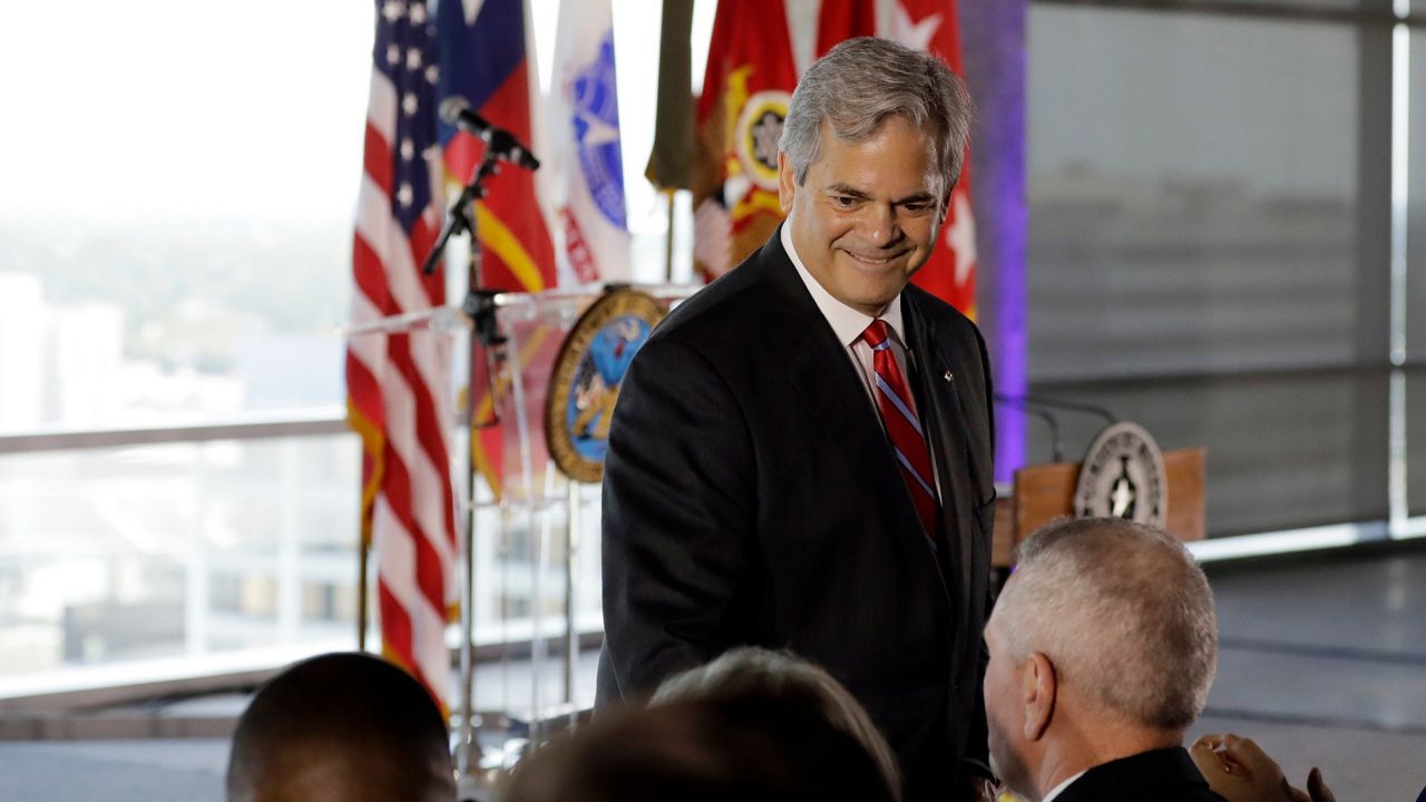 Austin mayor Steve Adler takes part in an activation ceremony for the U.S. Army futures Command, Friday, Aug. 24, 2018, in Austin, Texas. (AP Photo/Eric Gay)