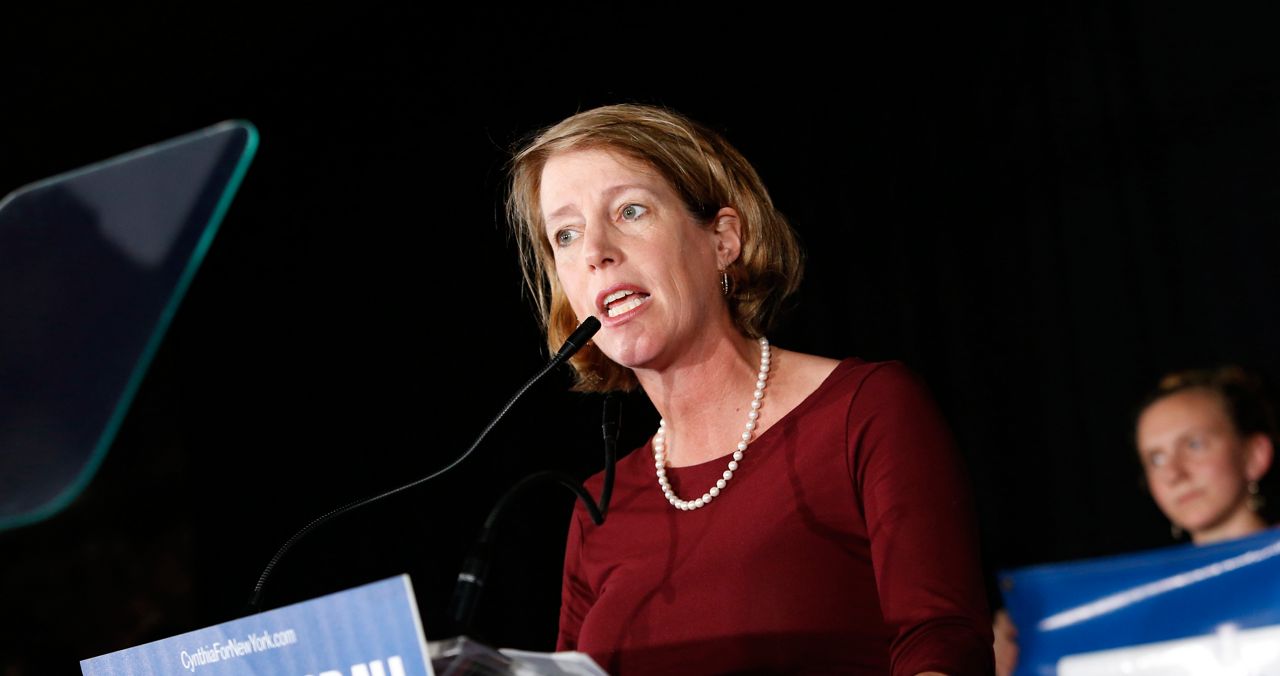 FILE- State attorney general candidate Zephyr Teachout delivers her concession speech at the Working Families Party primary night party, Thursday, Sept. 13, 2018, in New York. (AP Photo/Jason DeCrow)
